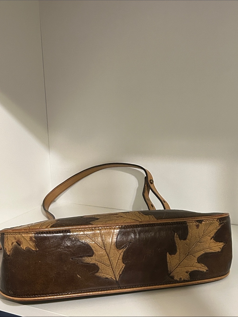 Brahmin Brown Leather Shoulder Bag with Tan Leaf Accents - Picture 10 of 12